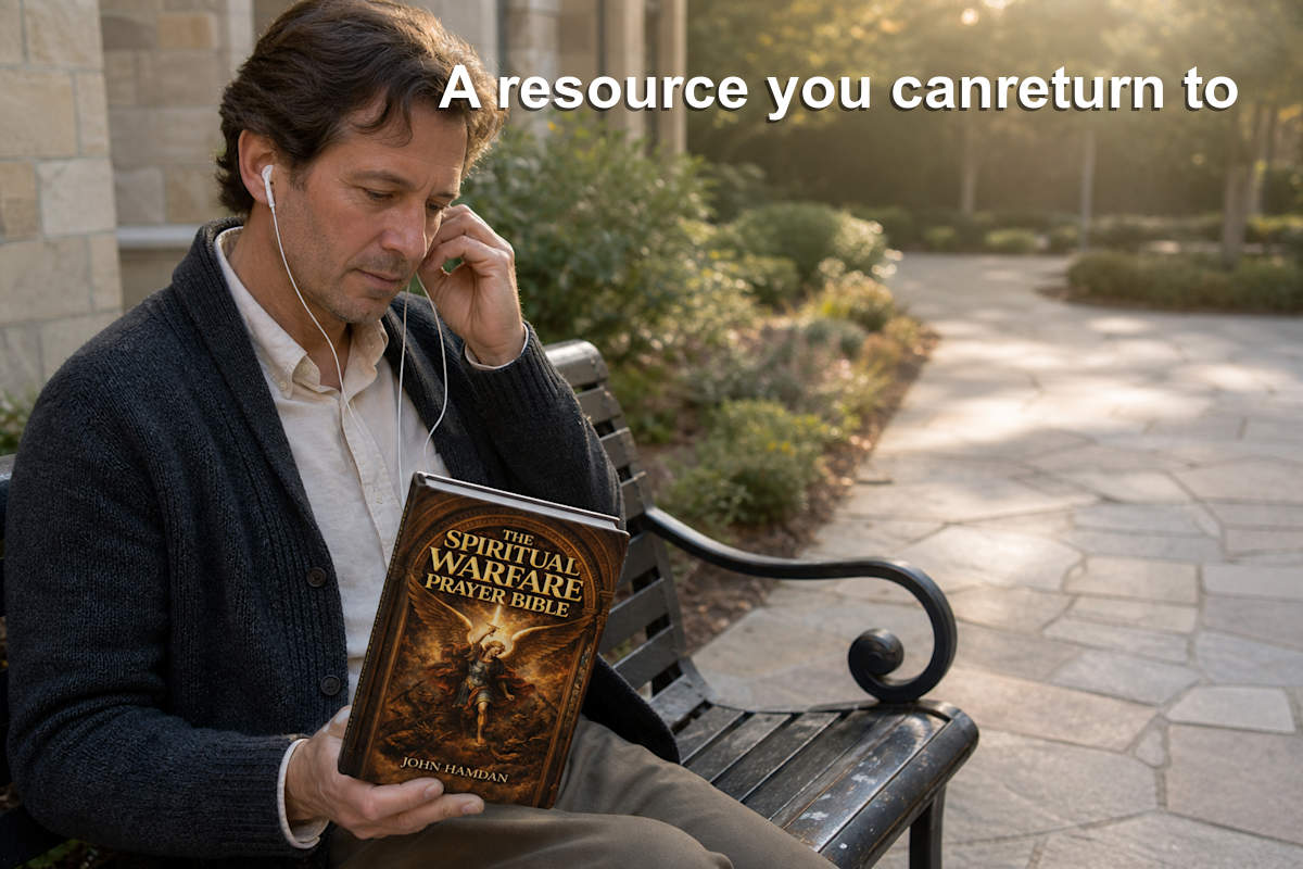 Christian adult holding a physical prayer resource while listening with simple earbuds